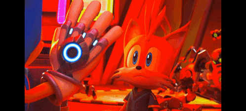 a cartoon of a fox holding a robotic hand with a blue circle on it