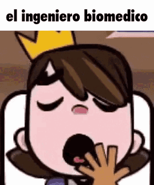 a cartoon character with a crown on his head is yawning and a hand is covering his mouth .