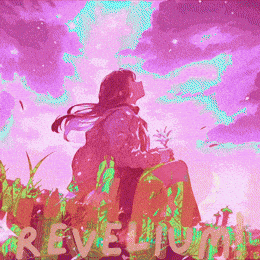 a painting of a girl sitting in a field with the word revelium written in the background