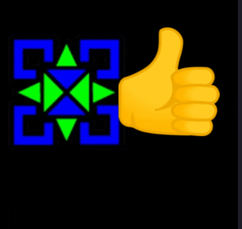 a yellow hand is giving a thumbs up in front of a blue and green square