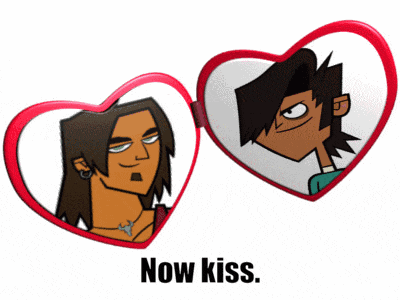 a picture of two cartoon characters with the words " now kiss " below them
