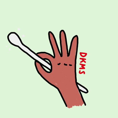 a cartoon drawing of a hand holding a cotton swab with the word dkms above it