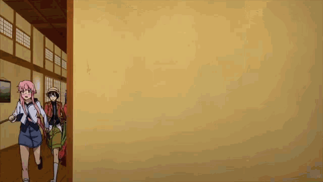 a group of anime characters are walking through a hallway