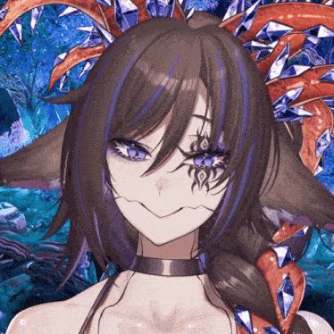 a close up of a girl with purple eyes and braided hair