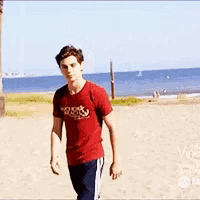 a man wearing a red shirt with the word boss on it stands on a beach