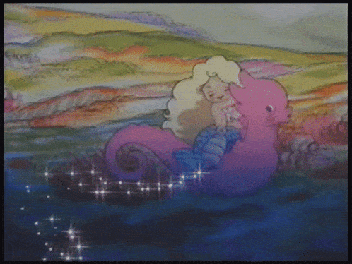 a cartoon drawing of a mermaid riding a pink seahorse