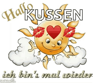 a cartoon sun with a heart and kisses on its eyes
