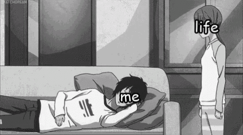 a black and white cartoon of a boy laying on a couch covering his face with his hand .