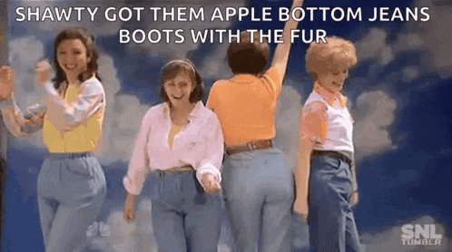a group of women are dancing in jeans and boots with the caption shawty got them apple bottom jeans boots with the fur