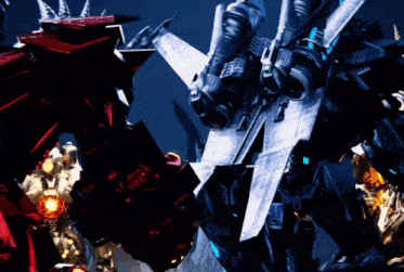 a red robot and a black robot are standing next to each other in a dark room