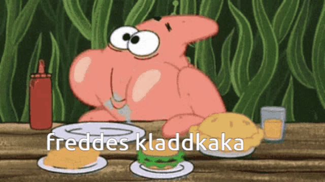a cartoon character is sitting at a table with a plate of food and the words freddes kladdaka