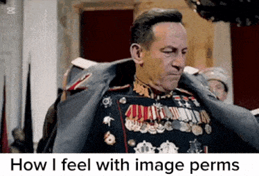 a man in a military uniform is standing in front of a sign that says " how i feel with image perms "