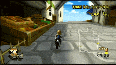 a video game screen shows a person riding a motorcycle and says 3rd on it