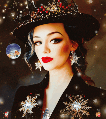 a painting of a woman wearing a black hat with snowflakes on it