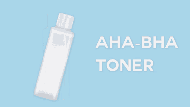 a bottle of aha-bha toner is displayed on a blue background