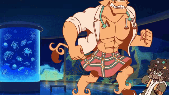a cartoon drawing of a man in a kilt standing in front of a tank of jellyfish