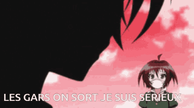 a silhouette of a girl wearing a mask and the words les gars on sort je suis serieux