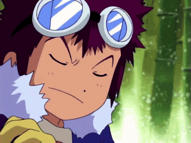 a cartoon character with goggles on his head