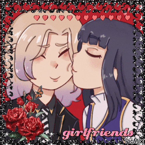 a picture of two girls kissing with the words girlfriends in pink letters