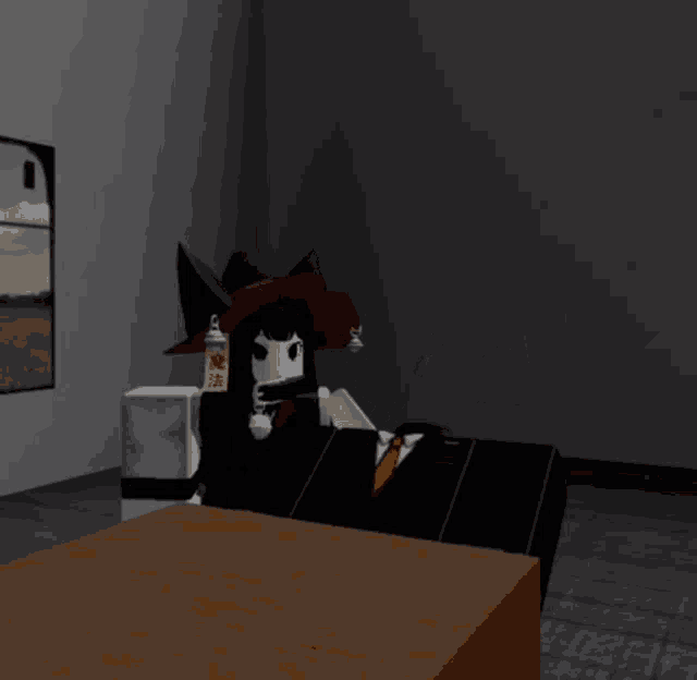 a witch and a fox are standing next to each other on a table