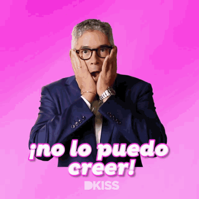 a man in a suit and tie covering his face with his hands and the words ino lo puedo creer on a pink background