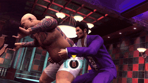 a man in a purple suit is fighting another man in a video game with the letter b in the middle