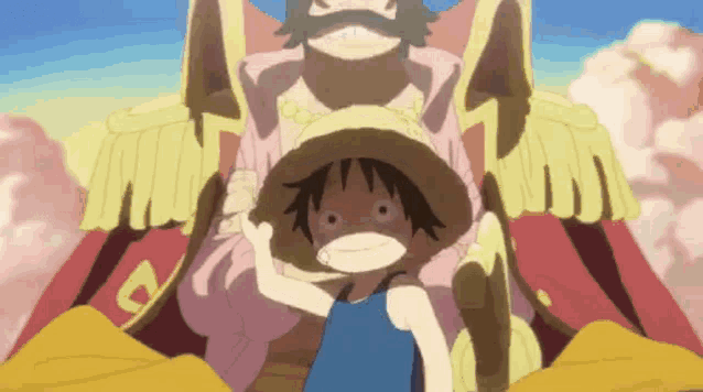monkey d luffy from one piece is standing next to a man in a red uniform .