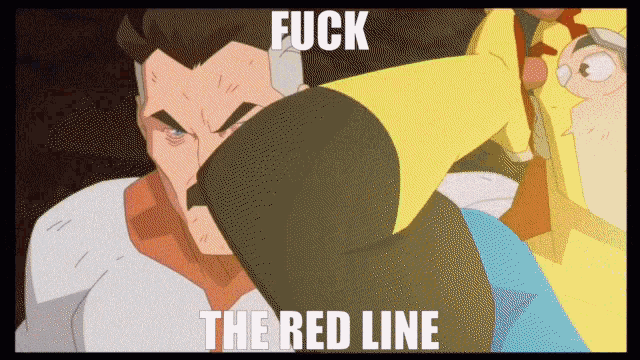 a cartoon of a man with the words fuck the red line below him