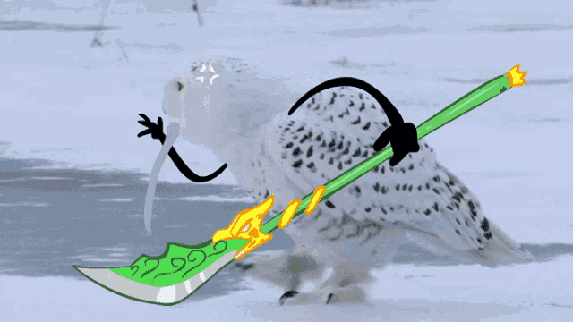 a drawing of a snowy owl holding a green spear