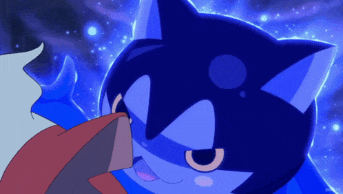 a cartoon drawing of a blue cat with a red collar