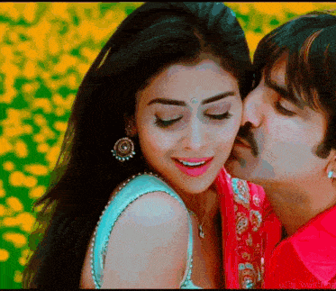 a man kisses a woman on the cheek in front of a field of flowers
