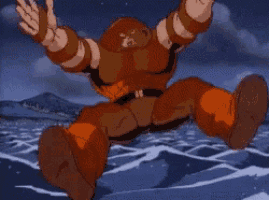 a cartoon character is flying over a body of water at night