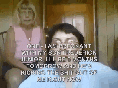 a woman is sitting next to a man who is talking about being pregnant with her son frederick junior .