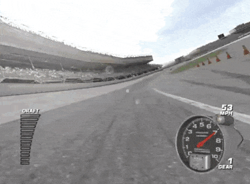 a video game shows a car going 53 mph on a race track