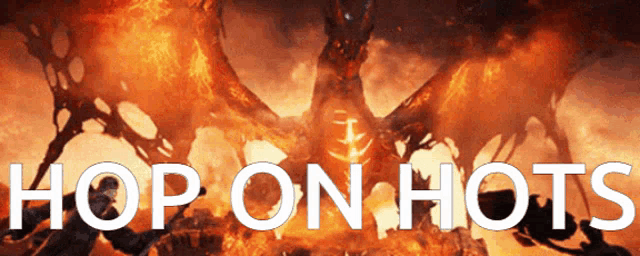a picture of a dragon with the words hop on hots in white letters
