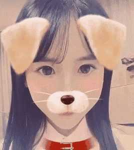 a girl with a dog mask on her face is looking at the camera .
