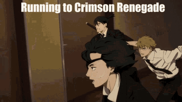 three anime characters running to crimson renegade in a hallway