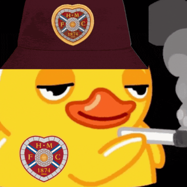 a duck wearing a hat that says h.m. f.c. 1874 on it