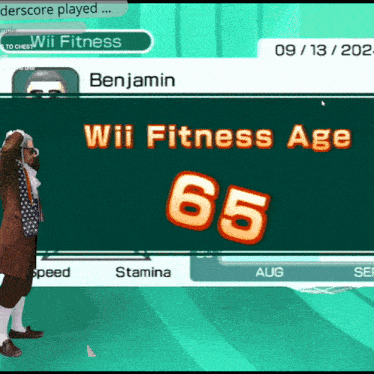 a screenshot of a wii fitness game shows benjamin 's wii fitness age is 65