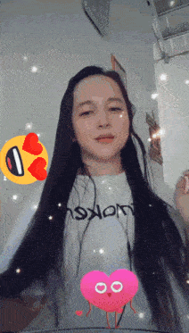 a woman with long hair wearing a white shirt that says lucky