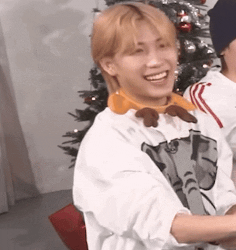 a man wearing a sweater with an elephant on it is smiling in front of a christmas tree