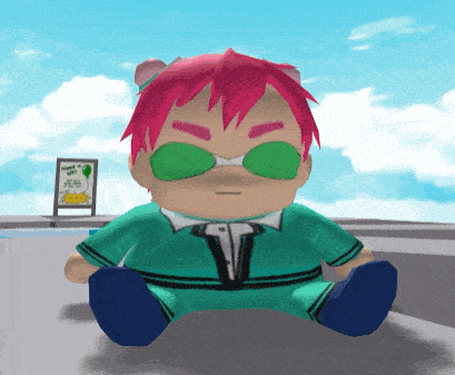 a stuffed toy with pink hair and green sunglasses is sitting on a ledge