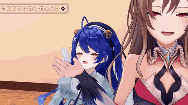 two anime girls are standing next to each other with a banner above them that says # 3d