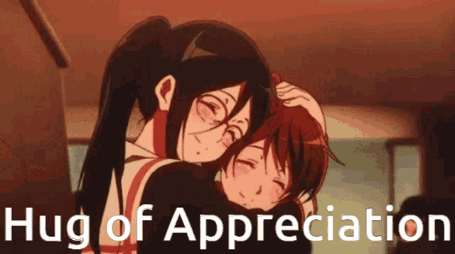 two anime girls hugging each other with the words hug of appreciation