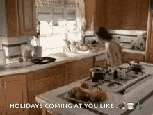 a woman is cooking in a kitchen with the words `` holidays coming at you like '' written on the bottom .