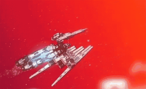 a space ship is flying through a red space with stars .