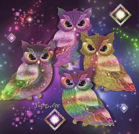 four owls are sitting in a circle on a purple background and the word sappiness is on the bottom right