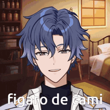 a man with blue hair is smiling in a bedroom with the words figaro de cami written on his face
