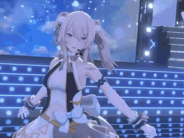 a video game character is dancing on a stage with a blue background
