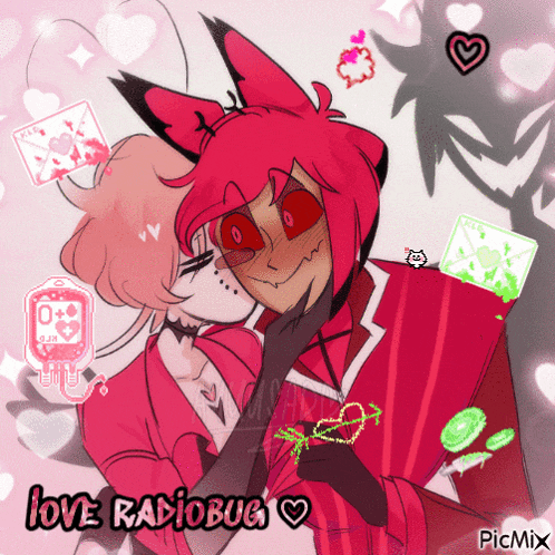 a drawing of a girl kissing a man with the words love radiobug below them